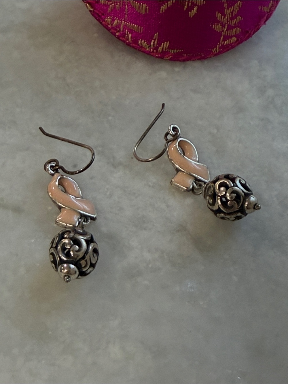Brighton Pink Ribbon Dangle Earrings with Filigree Silver Beads